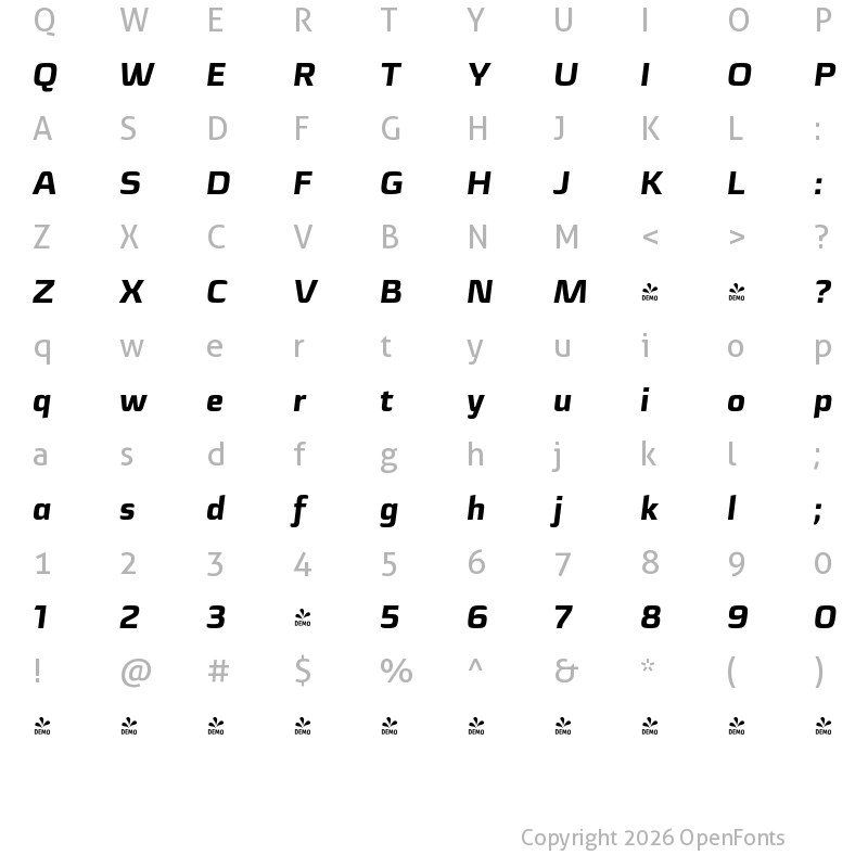 Character Map of FONTSPRING DEMO - Sica Extrabold Italic