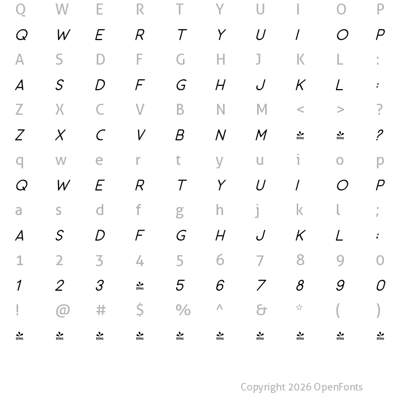 Character Map of FONTSPRING DEMO - Signerella Sans Italic Regular