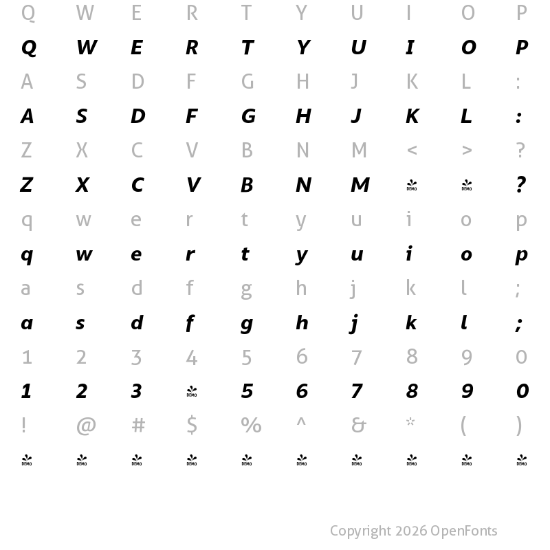 Character Map of FONTSPRING DEMO - Silta Bold Italic