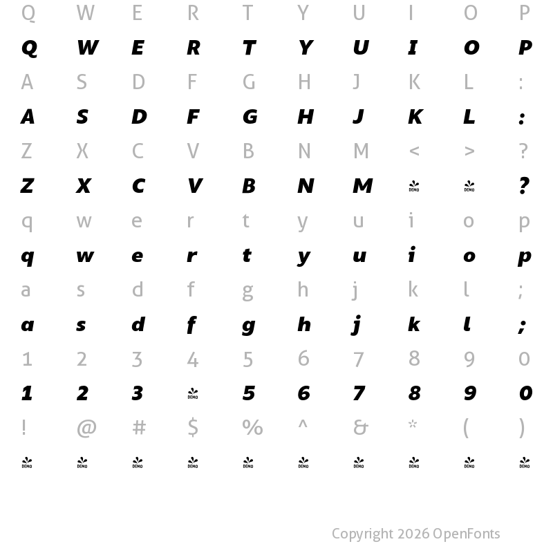 Character Map of FONTSPRING DEMO - Silta ExtraBold Italic Regular