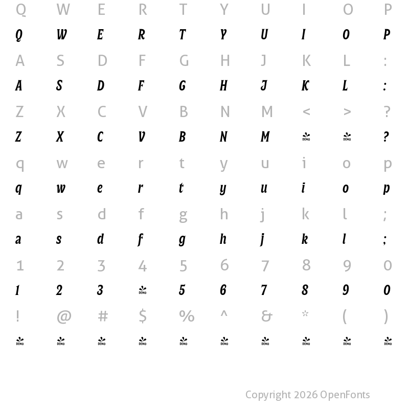 Character Map of FONTSPRING DEMO - Silverspoon Condensed Bold Italic