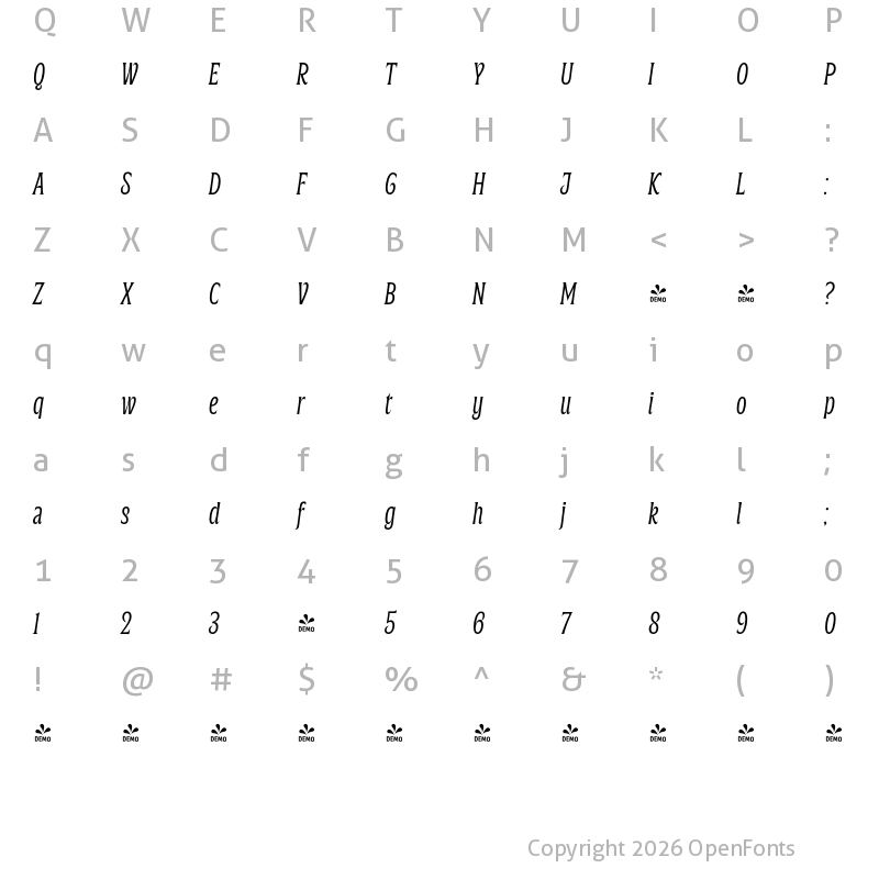 Character Map of FONTSPRING DEMO - Silverspoon Condensed Light Italic