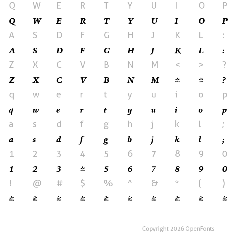 Character Map of FONTSPRING DEMO - Sina-ExtraBoldItalic Regular