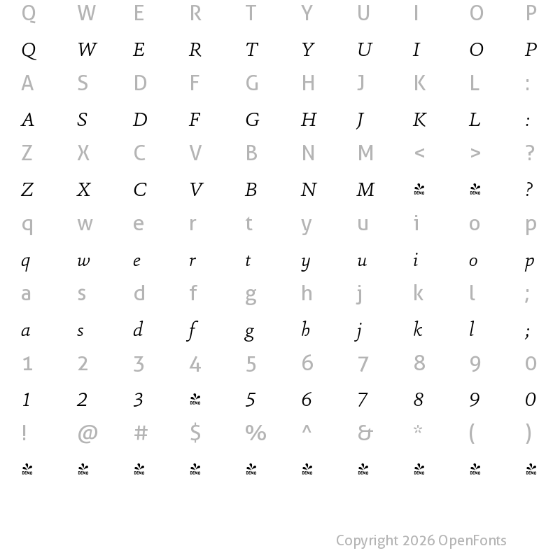 Character Map of FONTSPRING DEMO - Sina-LightItalic Regular