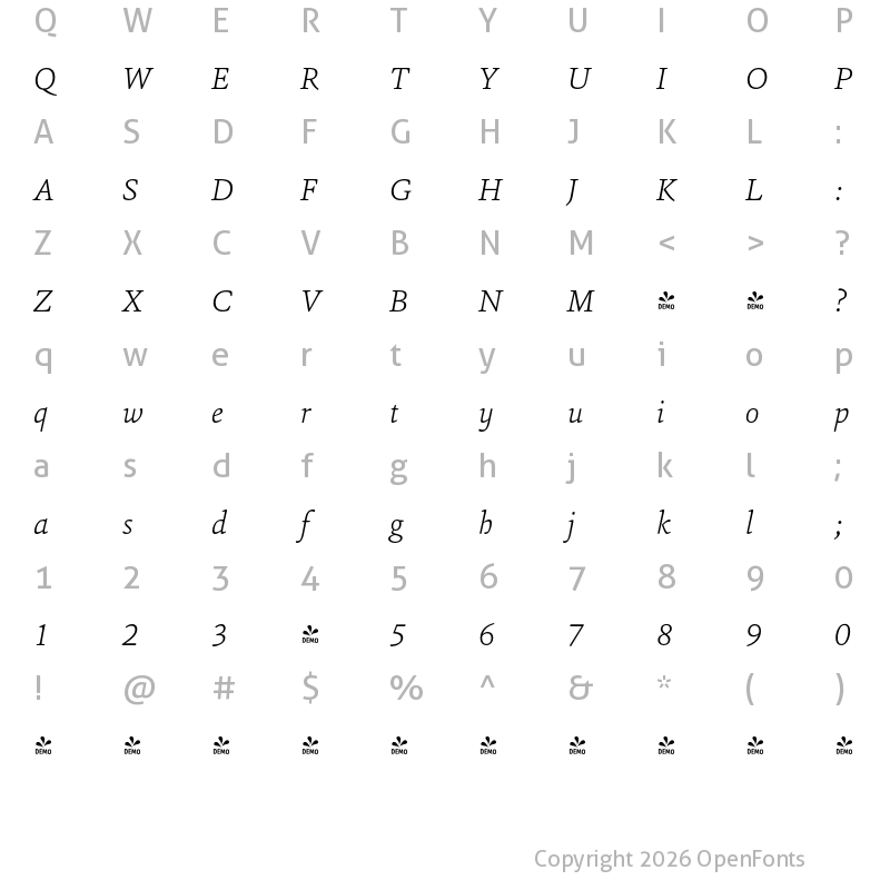 Character Map of FONTSPRING DEMO - SinaNova-ExtraLightItalic Regular