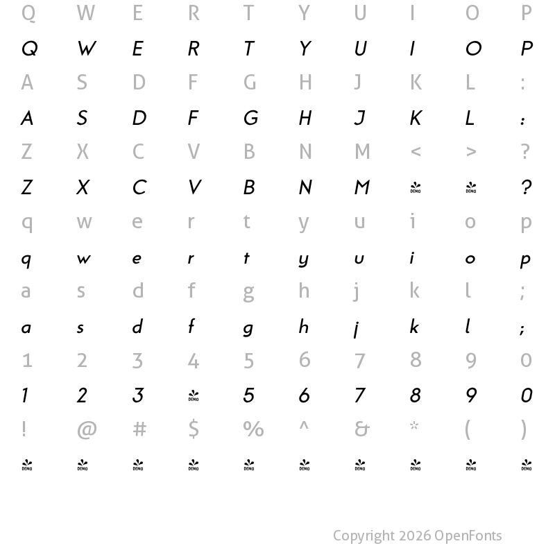 Character Map of FONTSPRING DEMO - Sittl Pro Italic