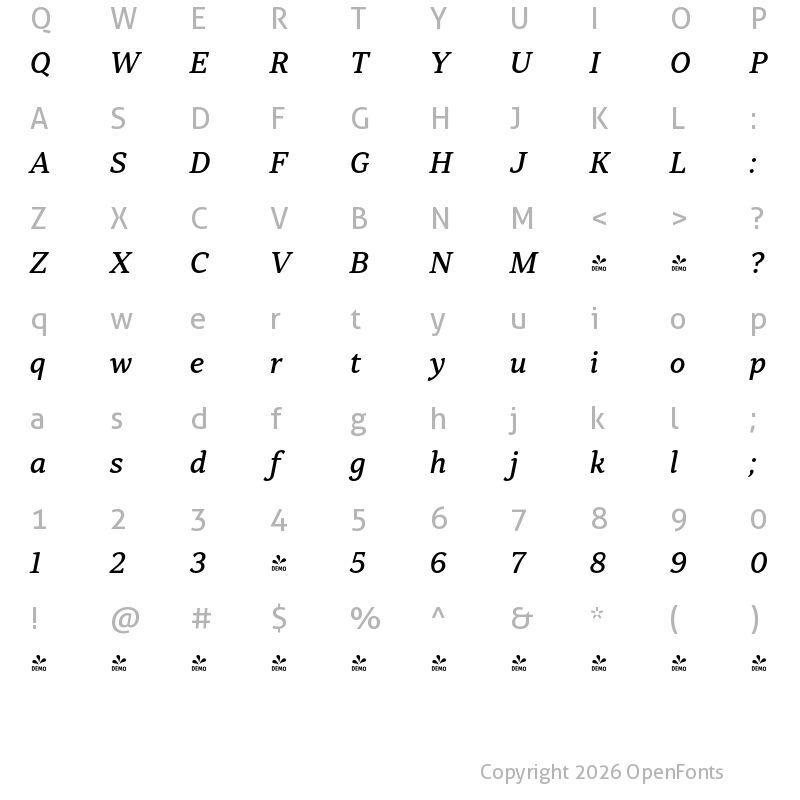 Character Map of FONTSPRING DEMO - Skema Pro News Md Italic