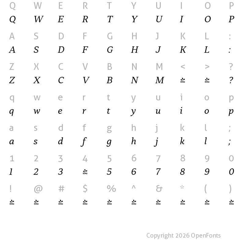 Character Map of FONTSPRING DEMO - Skema Pro Text Italic
