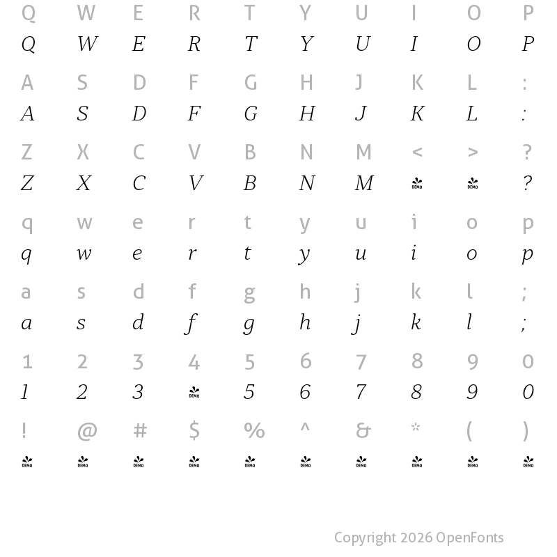 Character Map of FONTSPRING DEMO - Skema Pro Title ExLt Italic