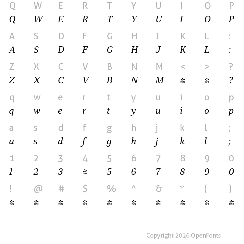 Character Map of FONTSPRING DEMO - Skema Pro Title Italic