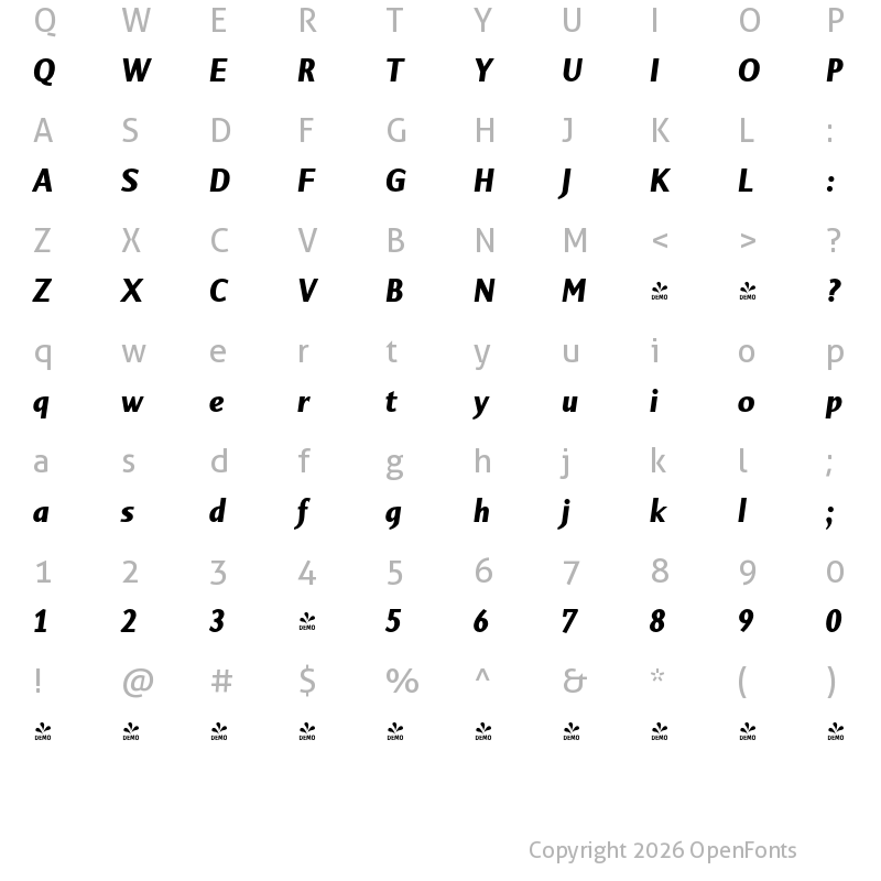 Character Map of FONTSPRING DEMO - Sky Sans Bold Bold Italic