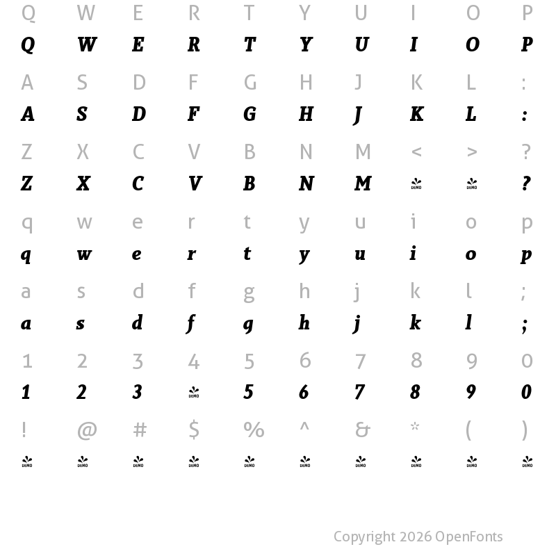 Character Map of FONTSPRING DEMO - Sky Serif Bold Bold Italic