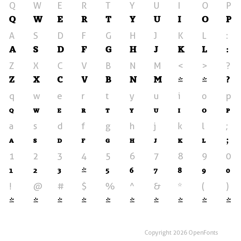 Character Map of FONTSPRING DEMO - Sky Serif Bold SC Bold