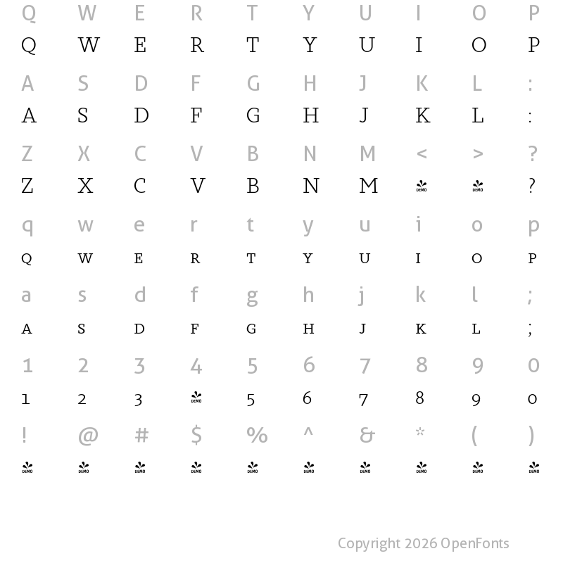 Character Map of FONTSPRING DEMO - Sky Serif Book SC Book