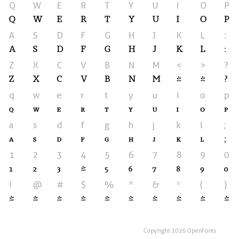 Character Map of FONTSPRING DEMO - Sky Serif Medium SC Medium