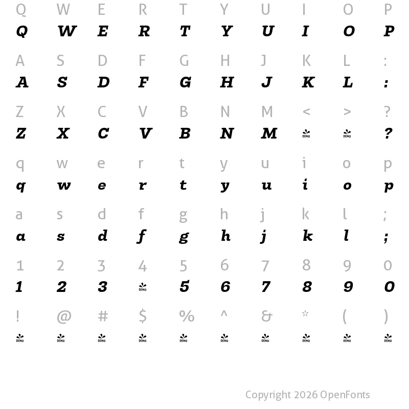 Character Map of FONTSPRING DEMO - Slab It Bold Italic