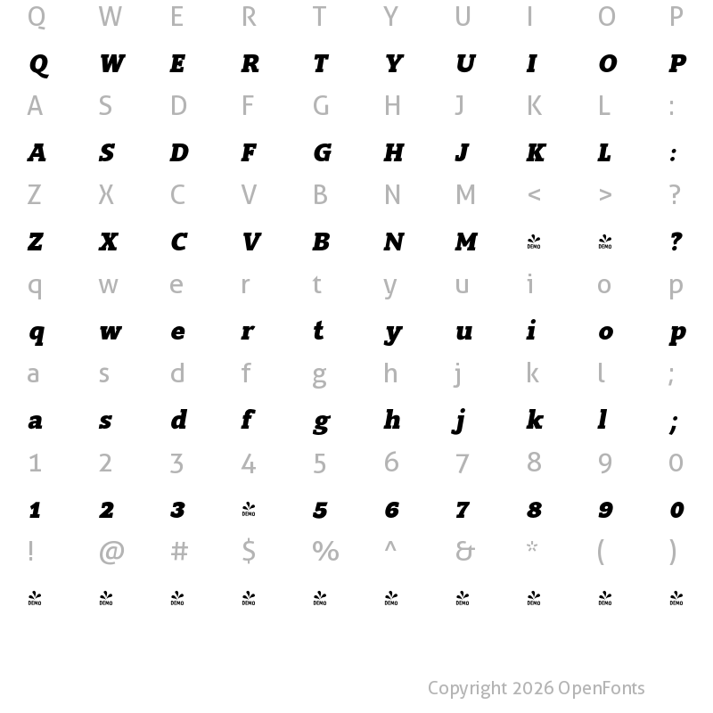 Character Map of FONTSPRING DEMO - Slam-Oblique ExtraBold Italic