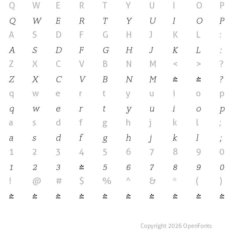 Character Map of FONTSPRING DEMO - Slam-Oblique ExtraLightRounded Italic