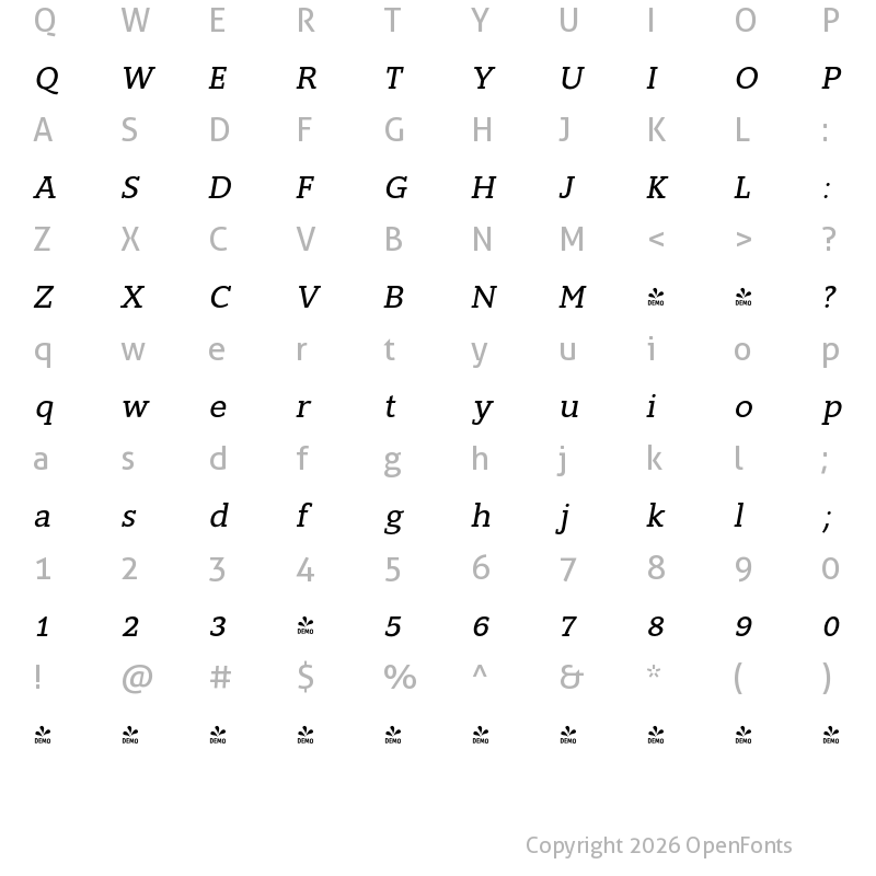 Character Map of FONTSPRING DEMO - Slam-Oblique Italic