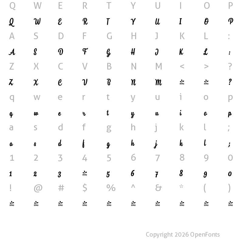 Character Map of FONTSPRING DEMO - Snooker Script Bold Regular