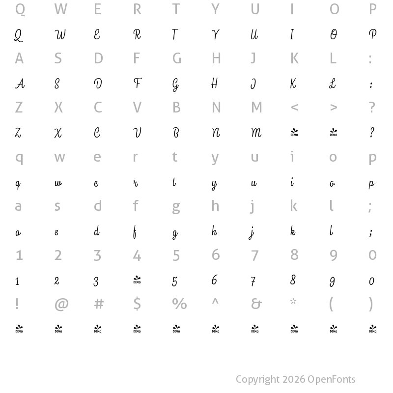 Character Map of FONTSPRING DEMO - Snooker Script Light Regular