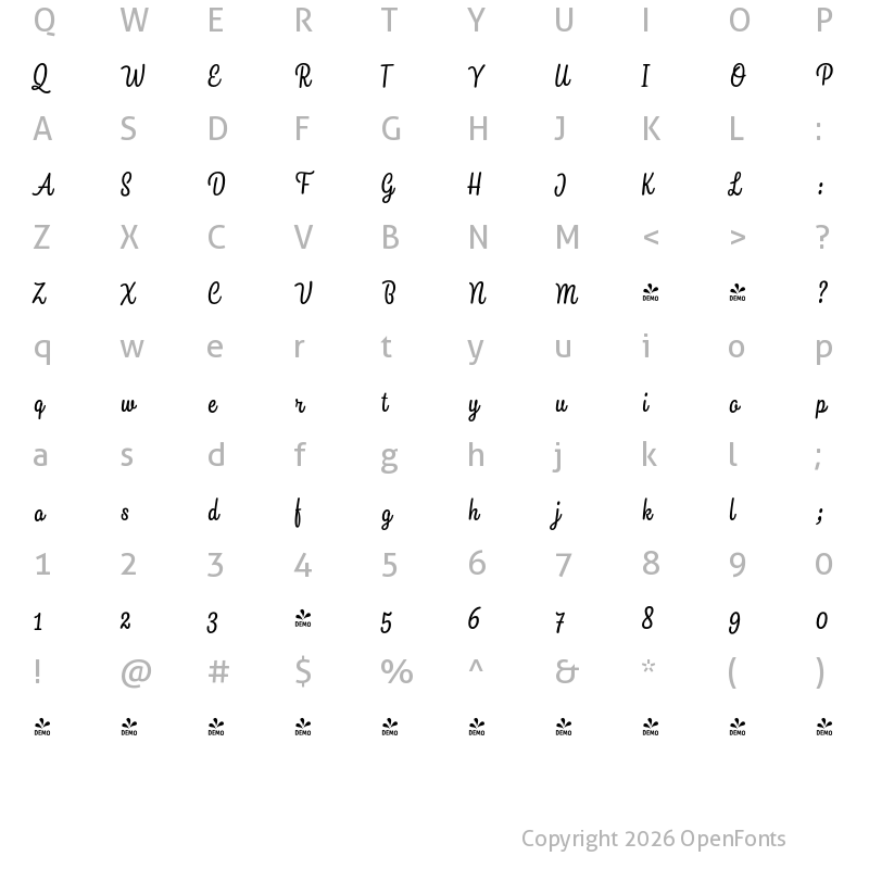 Character Map of FONTSPRING DEMO - Snooker Script Regular Regular