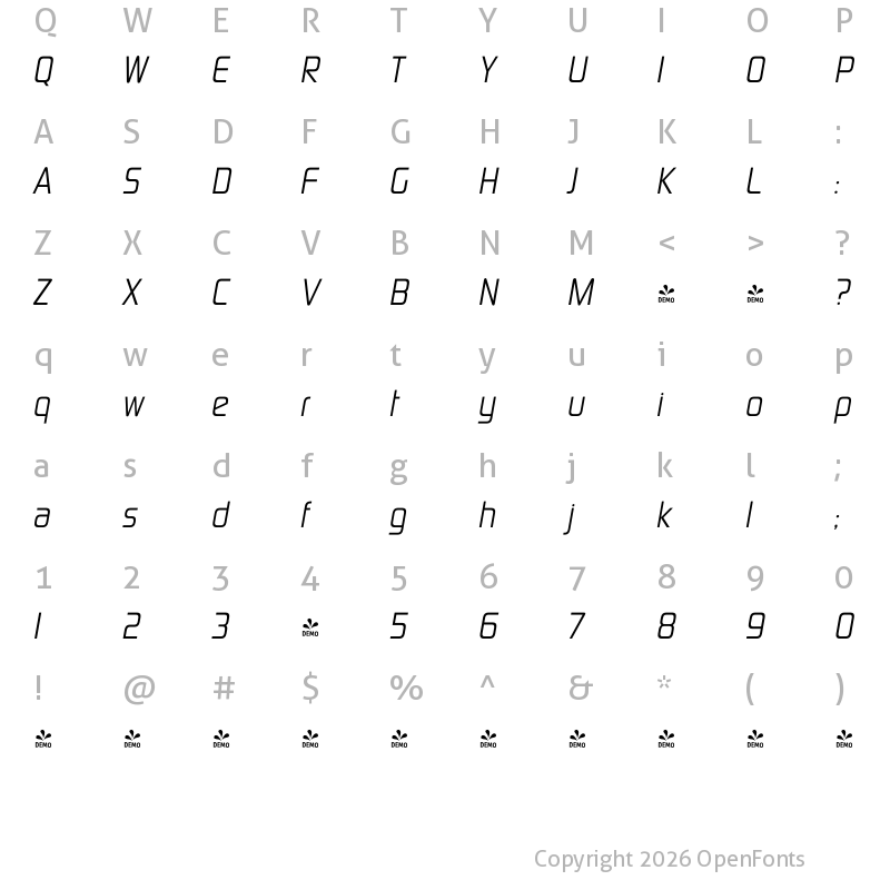 Character Map of FONTSPRING DEMO - Sol Pro Cond Italic