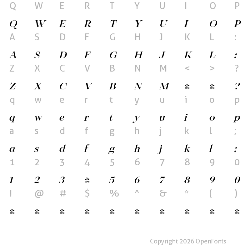 Character Map of FONTSPRING DEMO - Solena Pro Medium Italic
