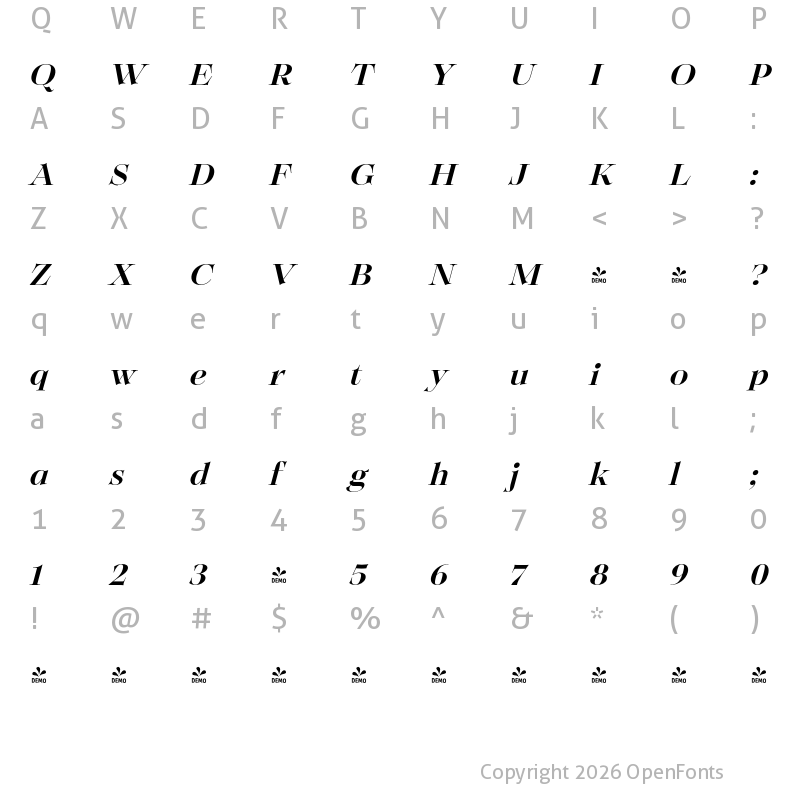 Character Map of FONTSPRING DEMO - Solena Pro SemiBold Italic