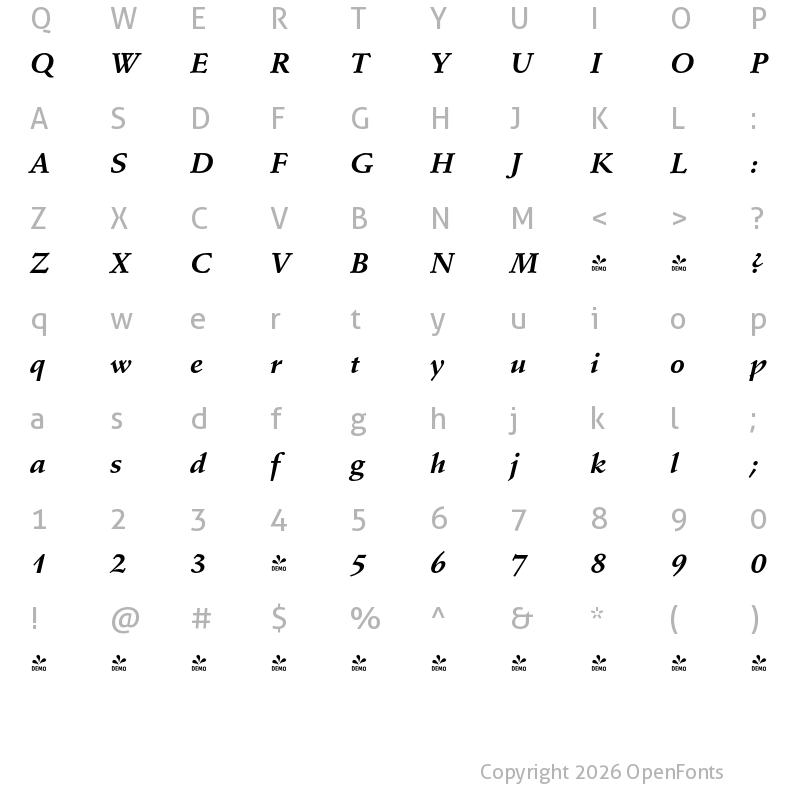 Character Map of FONTSPRING DEMO - Sondrio Bold Italic