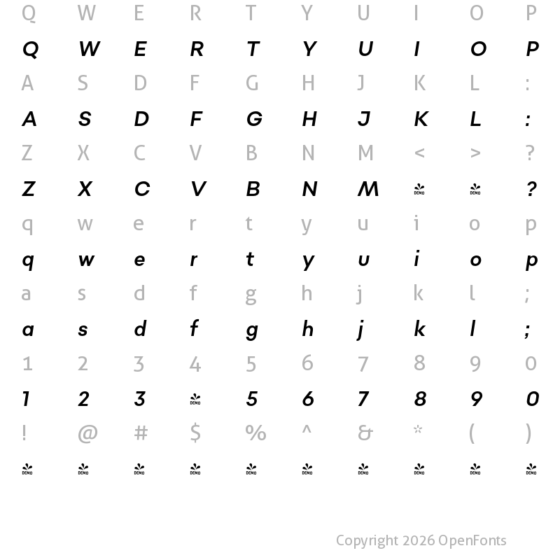 Character Map of FONTSPRING DEMO - Sonny Gothic Condensed Italic Regular