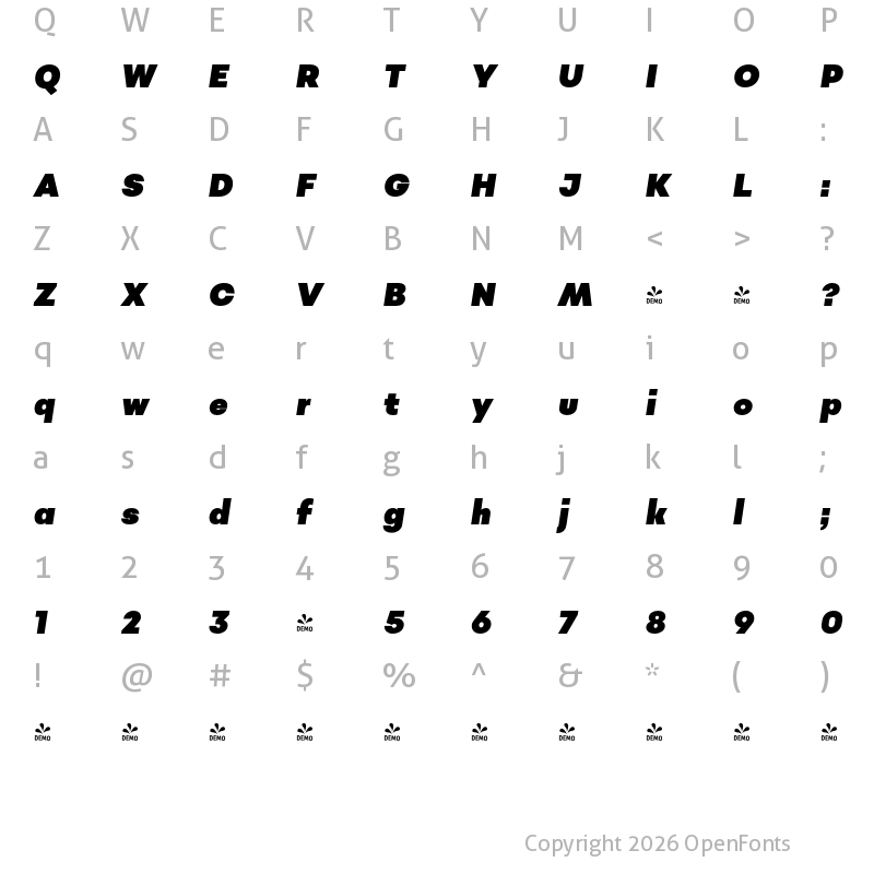 Character Map of FONTSPRING DEMO - Sonny Gothic Condensed Ultra Black It Regular