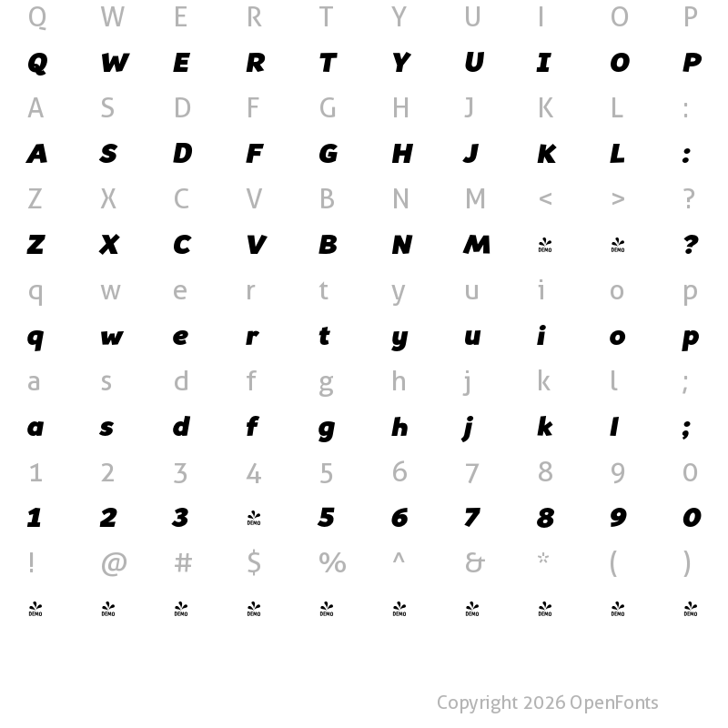 Character Map of FONTSPRING DEMO - Souses Black Italic
