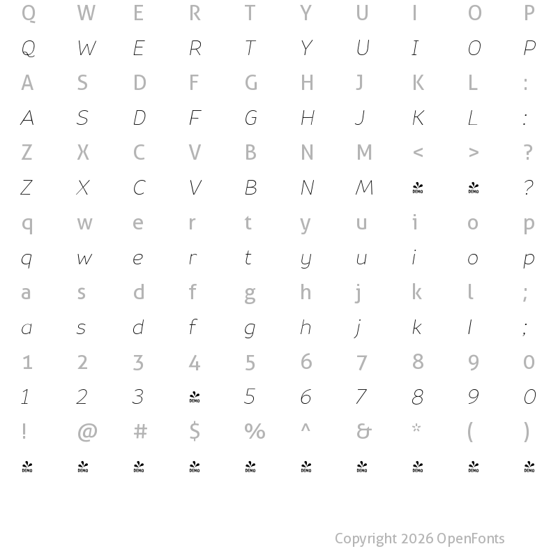 Character Map of FONTSPRING DEMO - Souses Thin Italic