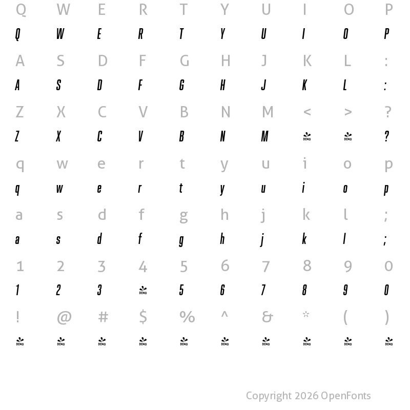 Character Map of FONTSPRING DEMO - Spaceland Eight Italic
