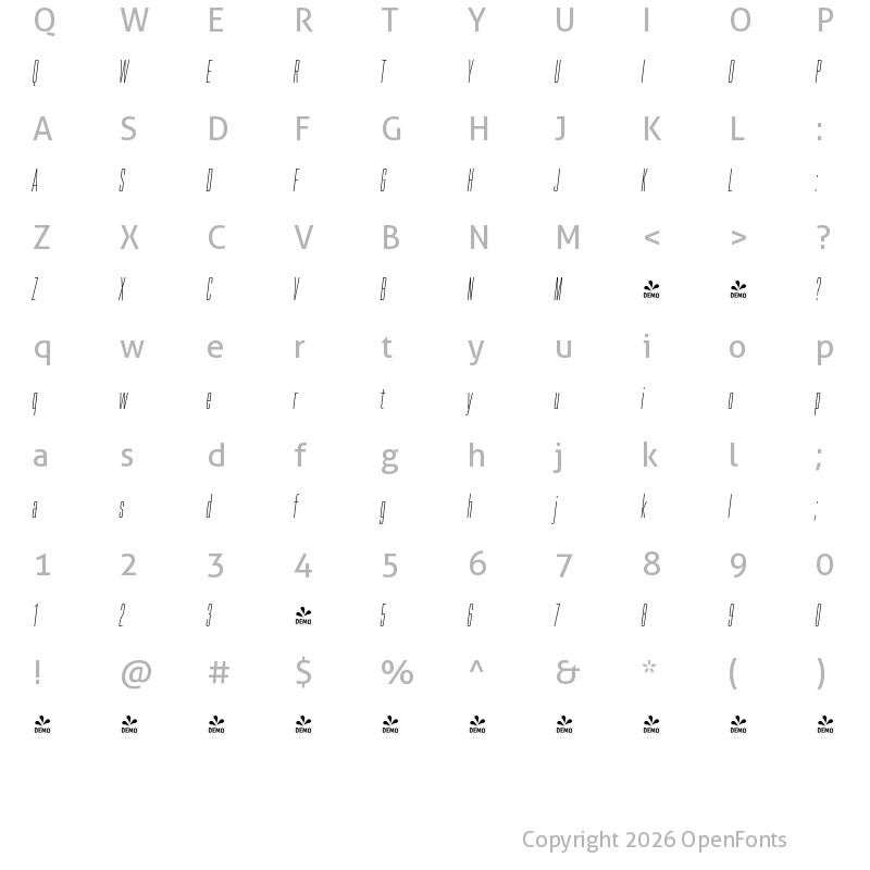 Character Map of FONTSPRING DEMO - Spaceland One Italic