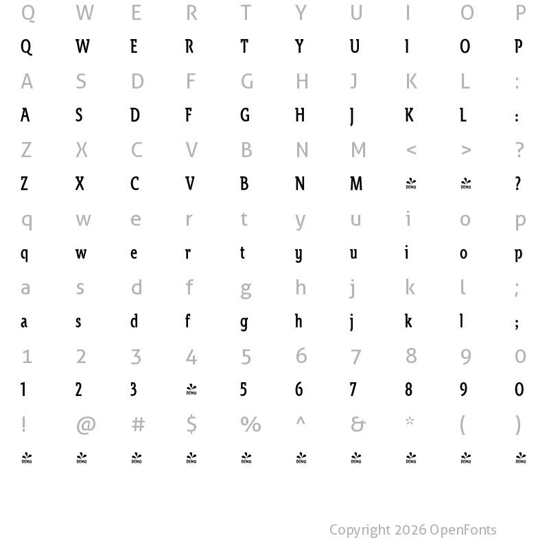 Character Map of FONTSPRING DEMO - Spartacus Med Cond Regular