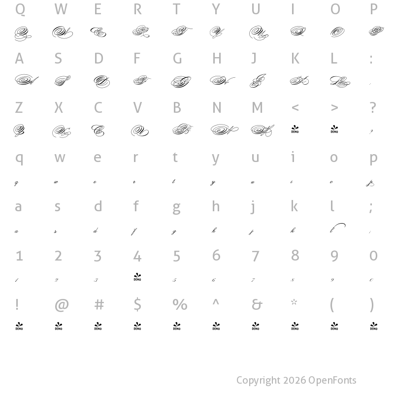Character Map of FONTSPRING DEMO - SpencerianPalmerPenmanship PRO Regular