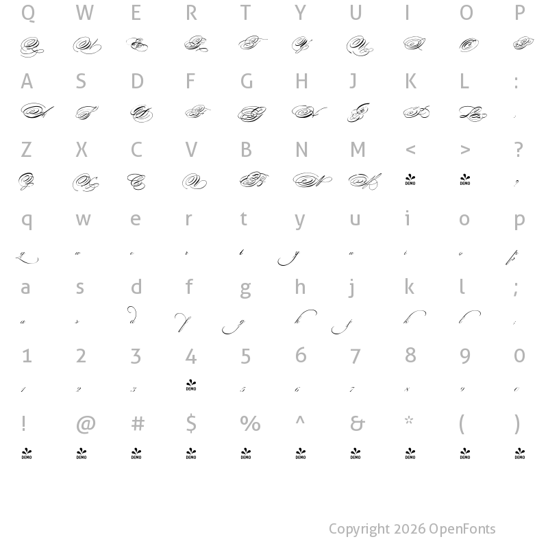 Character Map of FONTSPRING DEMO - SpencerianPalmerPenmanship Regular