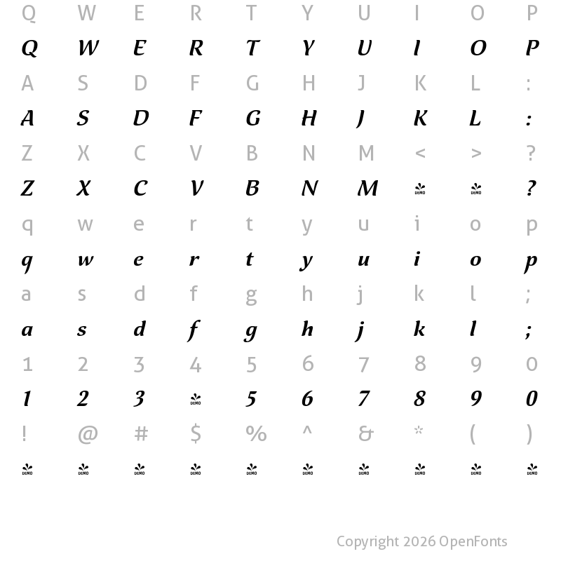 Character Map of FONTSPRING DEMO - Spirea Extra Bold Italic