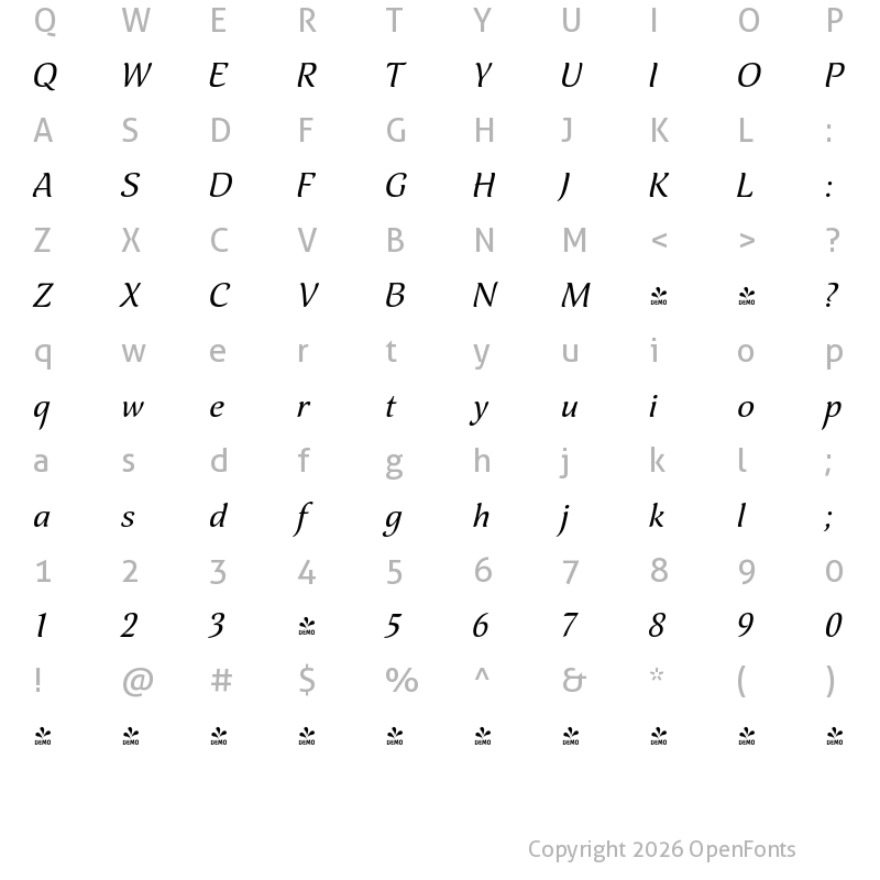 Character Map of FONTSPRING DEMO - Spirea Italic
