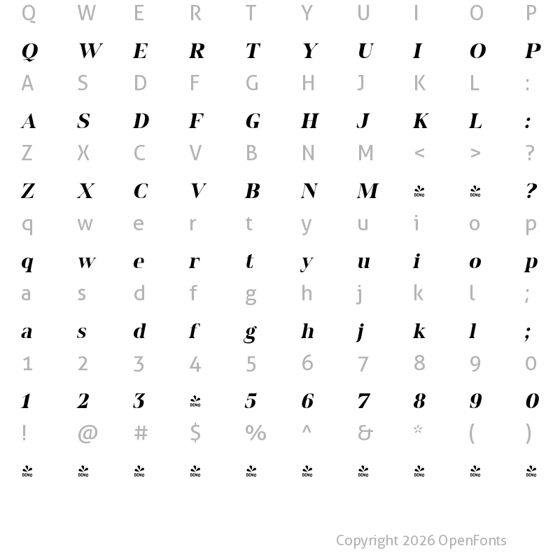 Character Map of FONTSPRING DEMO - Spitzkant Head Bold Oblique Regular