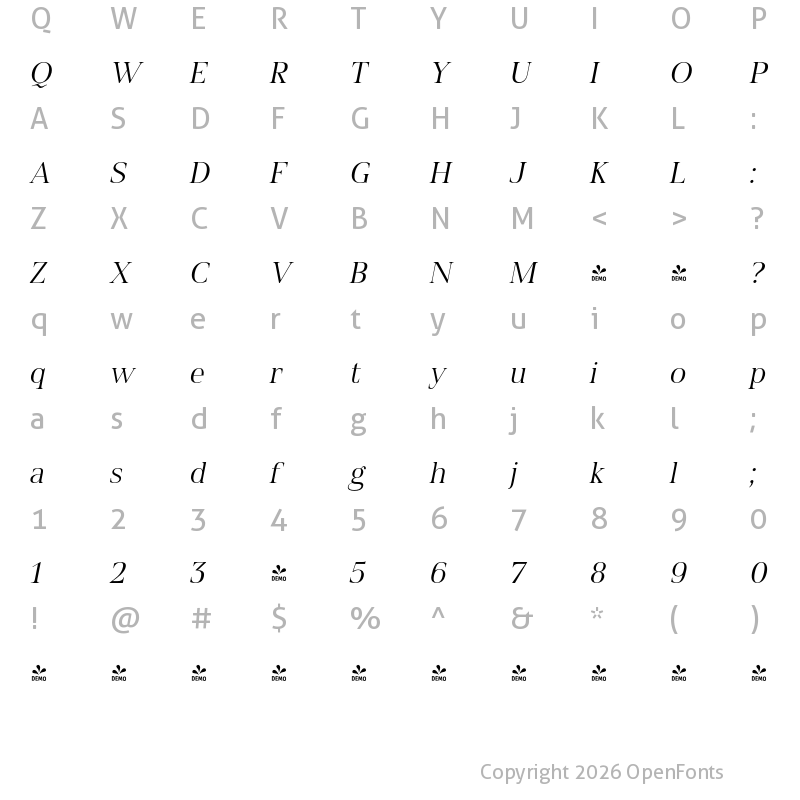 Character Map of FONTSPRING DEMO - Spitzkant Head Light Oblique Regular