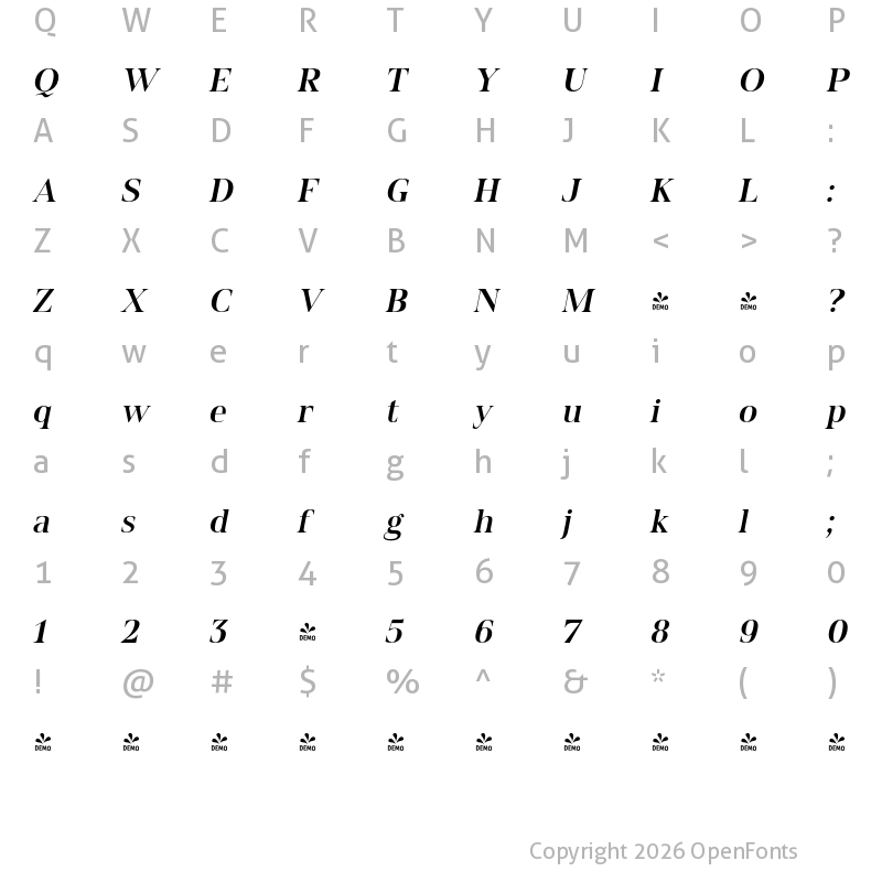 Character Map of FONTSPRING DEMO - Spitzkant Head Medium Oblique Regular