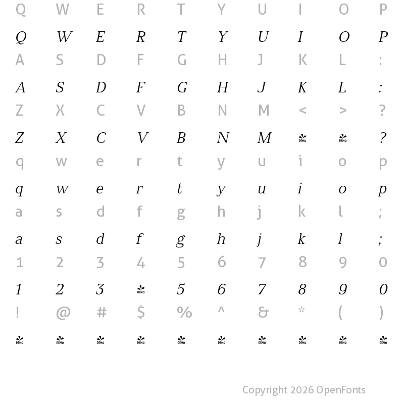 Character Map of FONTSPRING DEMO - Spitzkant Text Light Oblique Regular