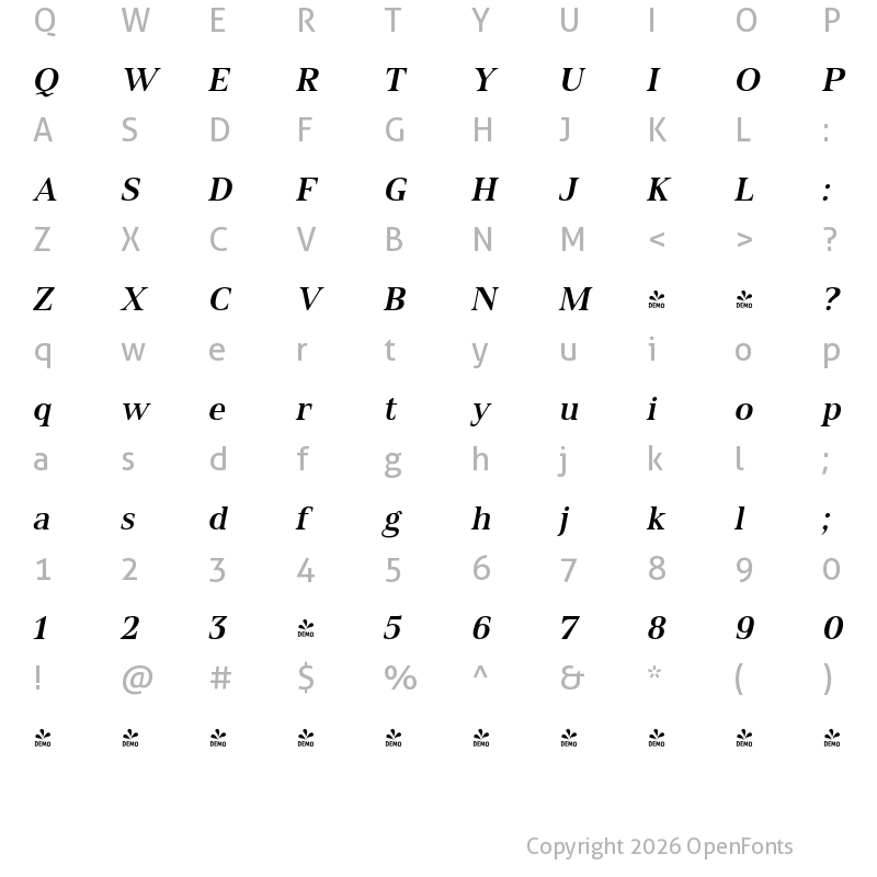 Character Map of FONTSPRING DEMO - Spitzkant Text Medium Oblique Regular