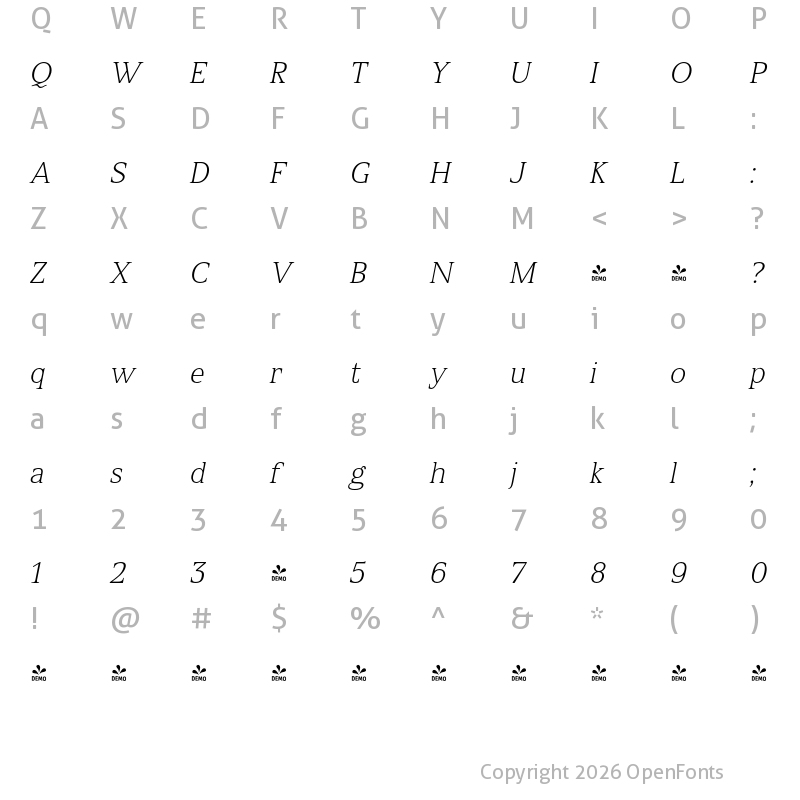 Character Map of FONTSPRING DEMO - Spitzkant Text Thin Oblique Regular