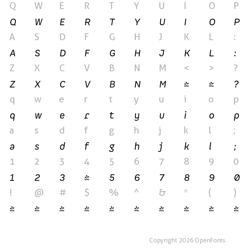 Character Map of FONTSPRING DEMO - Spock Ess Alt 1 It Regular