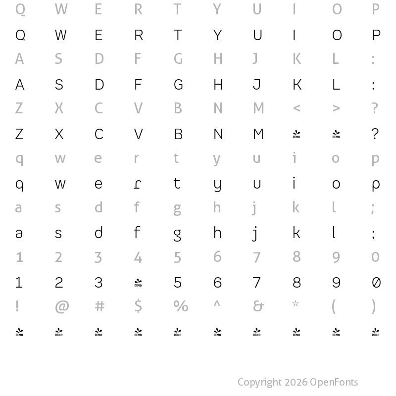 Character Map of FONTSPRING DEMO - Spock Ess Alt 1 Light Regular