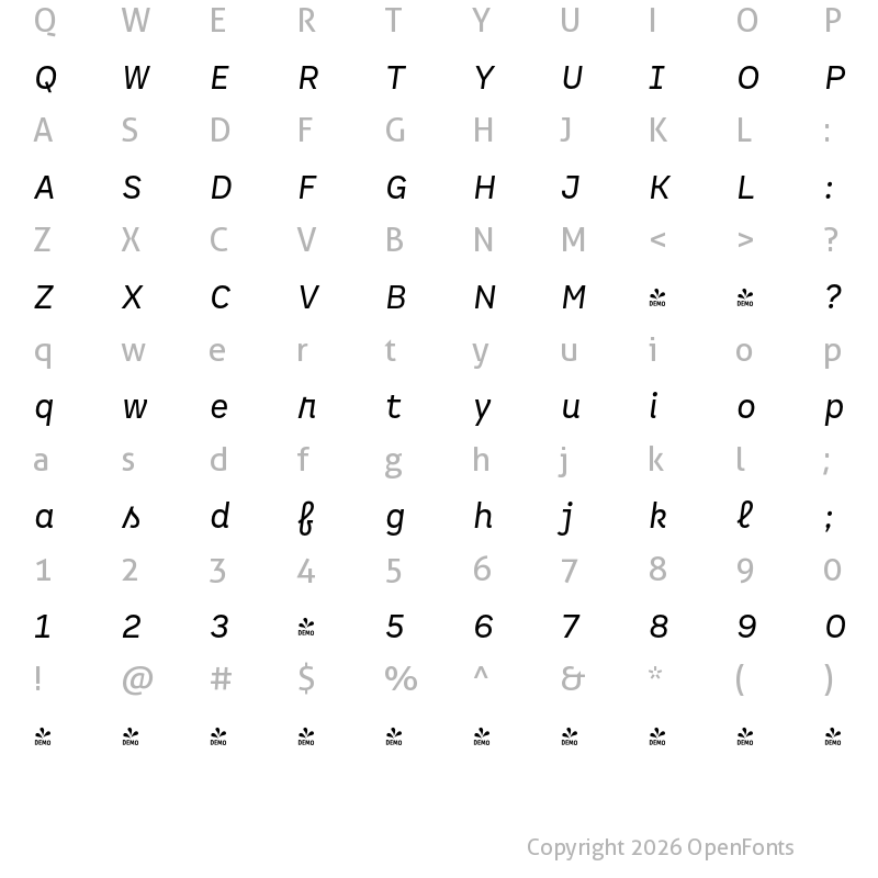 Character Map of FONTSPRING DEMO - Spock Ess Alt 2 It Regular